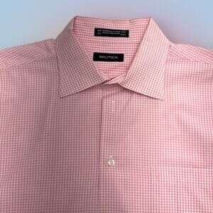 NAUTICA Men’s 17.5 Pink White Checkered Dress Shirt